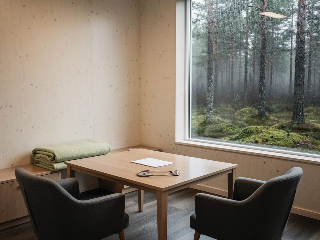 A quiet men's health consultation room with pale timber walls, two chairs and a window onto a pine forest