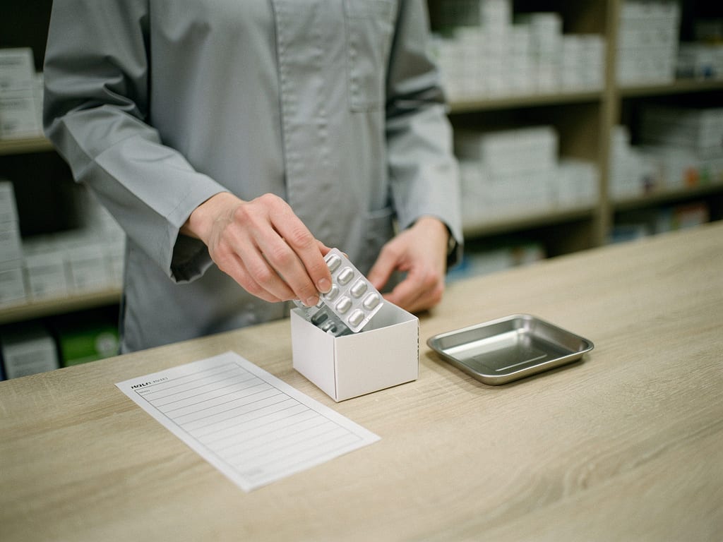 A pharmacist's hands counting unbranded blister packs at a clean wooden counter