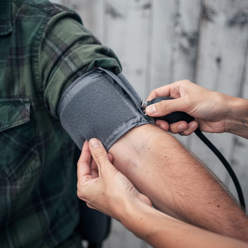 A nurse's hands fastening a blood pressure cuff around a man's upper arm