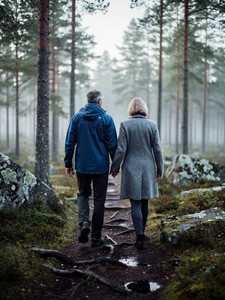 A middle-aged couple walking side by side on a forest trail, seen from behind
