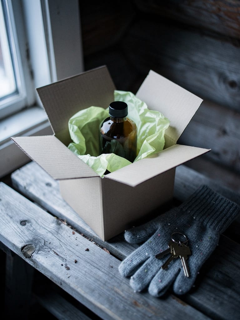 A plain unmarked delivery box opened on a wooden bench, revealing a discreet amber medicine bottle in pale green tissue paper